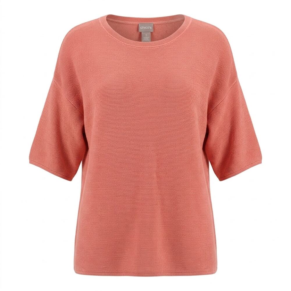 Chico's Pink Crew Neck Button Detail Knit Relaxed Fit Sweater Women Size 1